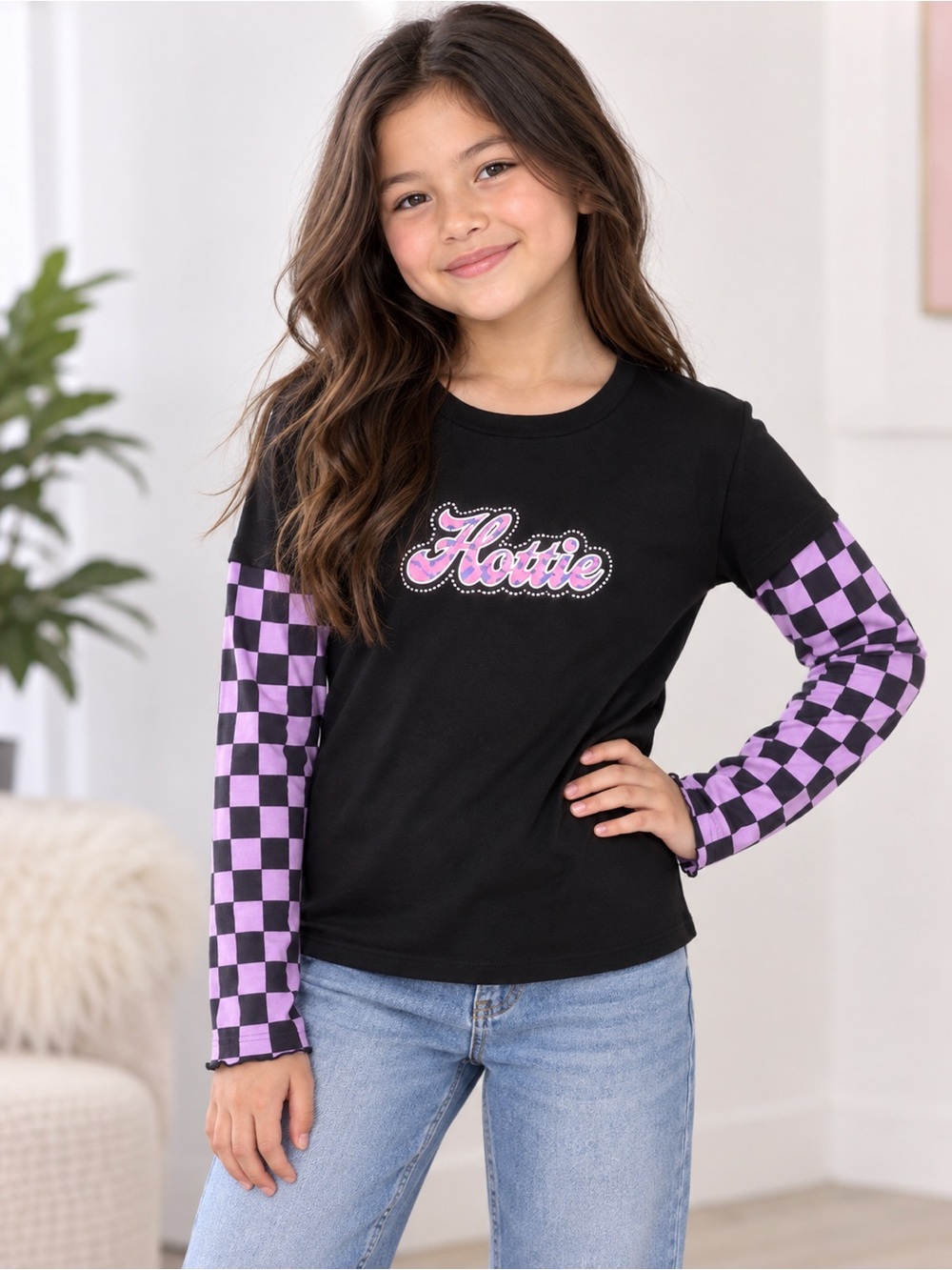 Forever 21 Hottie Black Tee with Purple Checkered Sleeves - Kids